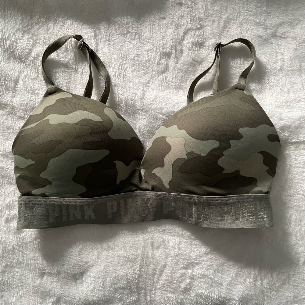 PINK Victoria’s Secret Wear Everywhere Wireless Push Up, Green Camo, 32D